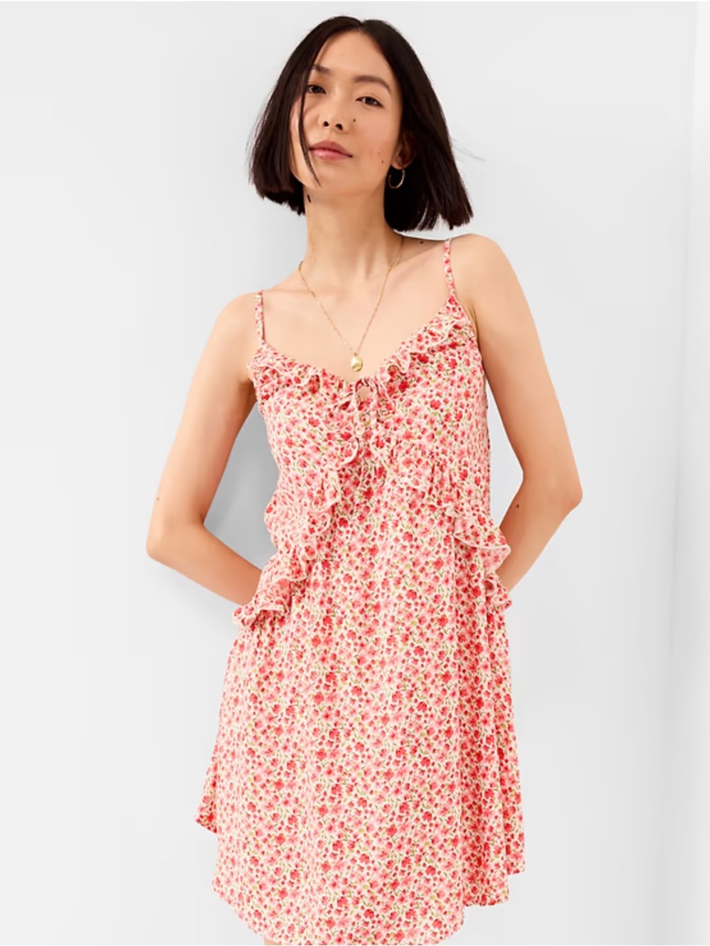 Old Navy Pink Floral Ruffle-Trim Asymmetrical Mini Dress (Size Medium)